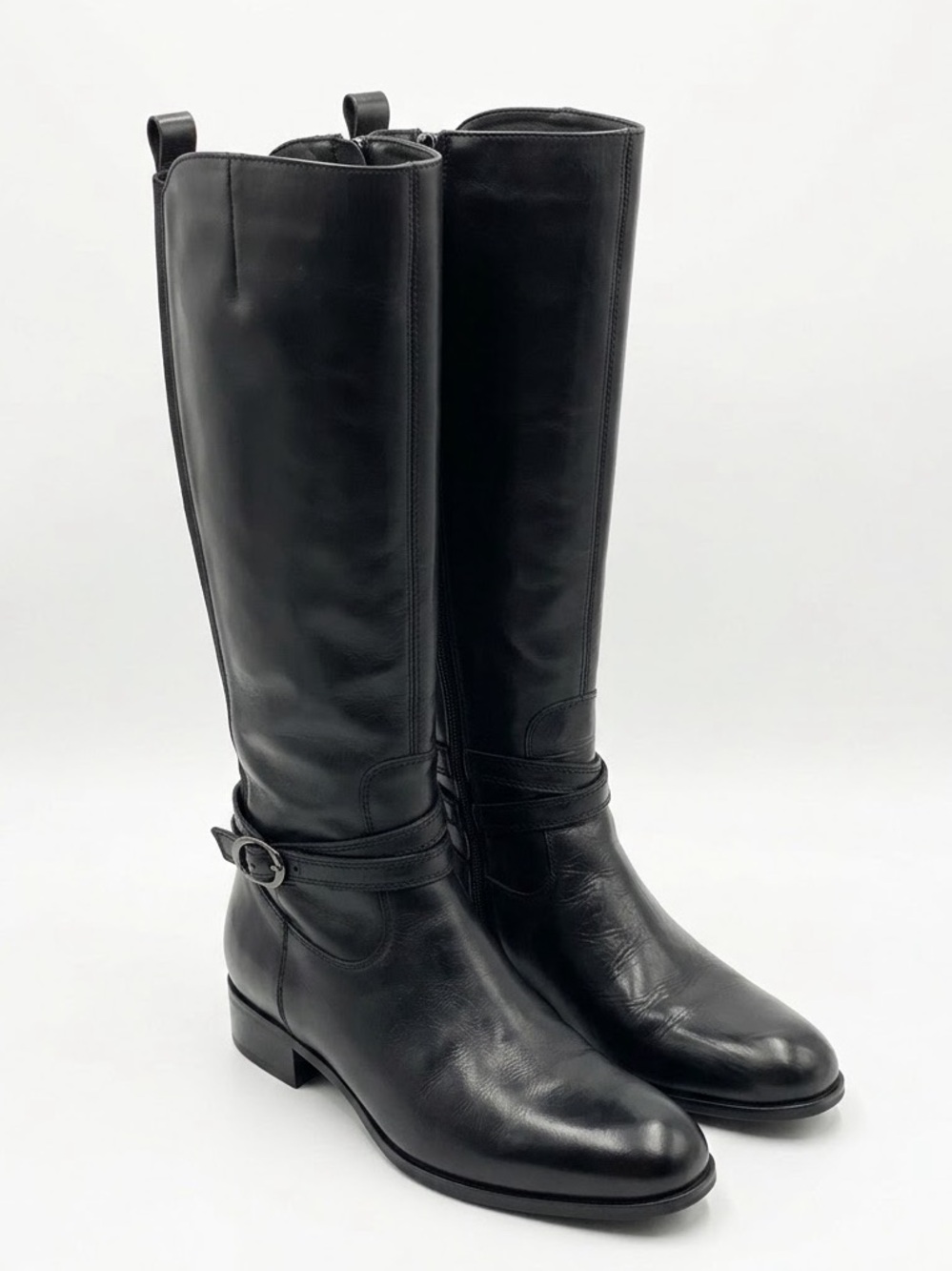 Sesto Meucci Black Leather Tall Riding Boots Buckle Zip Made In Italy 5 M
